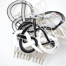 Load image into Gallery viewer, black&white mizuhiki head comb accessory, silver metal hair comb