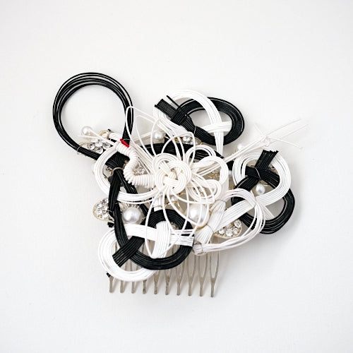 black&white mizuhiki hair styling accessory, silver metal hair comb