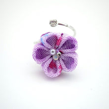 Cargar imagen en el visor de la galería, silver fork ring with purple crepe flower, adjustable ring, wrap ring, fashion ring