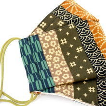 Load image into Gallery viewer, 3Layers Face mask "khaki " japanese stripe design with green ear cord