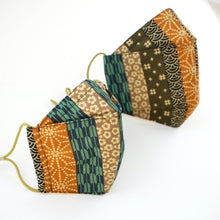 Load image into Gallery viewer, 3Layers Face mask "khaki " japanese stripe design with green ear cord