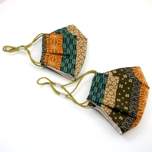 Load image into Gallery viewer, 3Layers Face mask "khaki " japanese stripe design with green ear cord