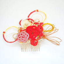 Load image into Gallery viewer, red&yellow mizuhiki design hair comb, Japanese styling tool