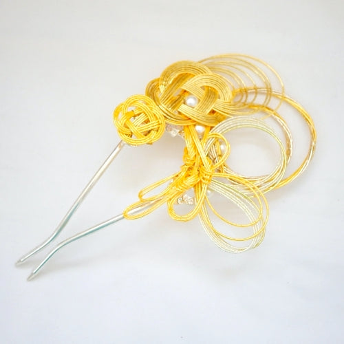 yellow mizuhiki flower Japanese design, hair pin, head accessory