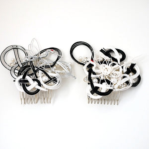 black&white mizuhiki head comb accessory, silver metal hair comb