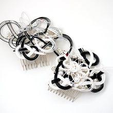 Load image into Gallery viewer, black&amp;white mizuhiki hair styling accessory, silver metal hair comb