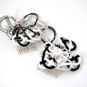 black&white mizuhiki hair styling accessory, silver metal hair comb