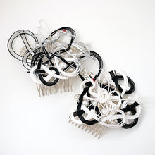 Load image into Gallery viewer, black&amp;white mizuhiki head comb accessory, silver metal hair comb