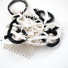 Load image into Gallery viewer, black&amp;white mizuhiki hair styling accessory, silver metal hair comb