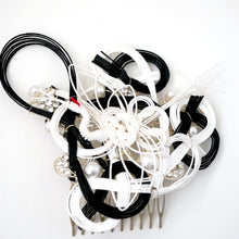 Load image into Gallery viewer, black&amp;white mizuhiki hair styling accessory, silver metal hair comb