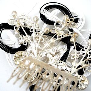 black&white mizuhiki hair styling accessory, silver metal hair comb