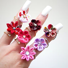 Load image into Gallery viewer, gold fork ring with double-pink crepe flower, adjustable ring, wrap ring, fashion ring
