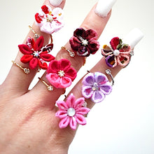 Load image into Gallery viewer, silver fork ring with mix colors crepe flower, adjustable ring, wrap ring, fashion ring