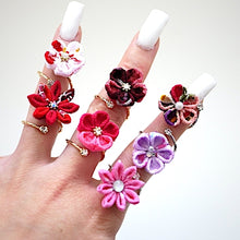 Load image into Gallery viewer, gold fork ring with white&amp;red crepe flower, adjustable ring, wrap ring, fashion ring
