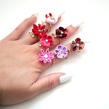 Load image into Gallery viewer, gold fork ring with red crepe flower, adjustable ring, wrap ring, fashion ring