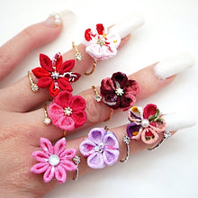 Load image into Gallery viewer, silver fork ring with pink crepe flower, adjustable ring, wrap ring, fashion ring