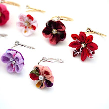 Load image into Gallery viewer, gold fork ring with dark-pink crepe flower, adjustable ring, wrap ring, fashion ring