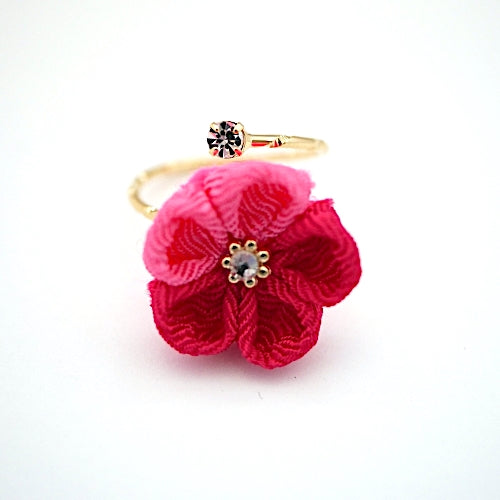 gold fork ring with double-pink crepe flower, adjustable ring, wrap ring, fashion ring