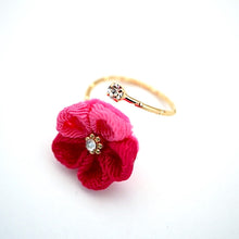 Load image into Gallery viewer, gold fork ring with double-pink crepe flower, adjustable ring, wrap ring, fashion ring