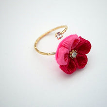 Load image into Gallery viewer, gold fork ring with double-pink crepe flower, adjustable ring, wrap ring, fashion ring