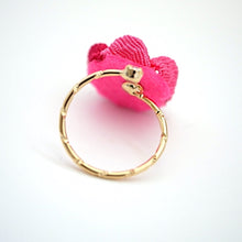 Load image into Gallery viewer, gold fork ring with double-pink crepe flower, adjustable ring, wrap ring, fashion ring