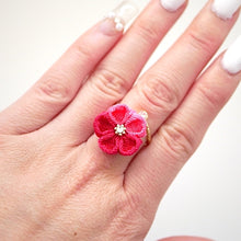 Load image into Gallery viewer, gold fork ring with double-pink crepe flower, adjustable ring, wrap ring, fashion ring