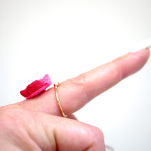 Load image into Gallery viewer, gold fork ring with double-pink crepe flower, adjustable ring, wrap ring, fashion ring