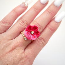 Load image into Gallery viewer, gold fork ring with double-pink crepe flower, adjustable ring, wrap ring, fashion ring