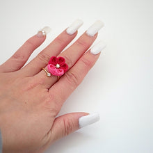 Load image into Gallery viewer, gold fork ring with double-pink crepe flower, adjustable ring, wrap ring, fashion ring