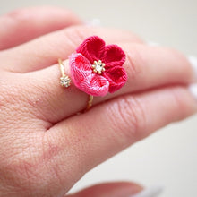 Load image into Gallery viewer, gold fork ring with double-pink crepe flower, adjustable ring, wrap ring, fashion ring