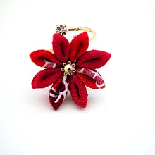 Load image into Gallery viewer, gold fork ring with red crepe flower, adjustable ring, wrap ring, fashion ring