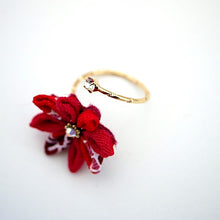 Load image into Gallery viewer, gold fork ring with red crepe flower, adjustable ring, wrap ring, fashion ring