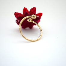 Load image into Gallery viewer, gold fork ring with red crepe flower, adjustable ring, wrap ring, fashion ring