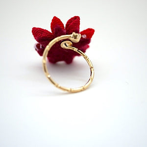 gold fork ring with red crepe flower, adjustable ring, wrap ring, fashion ring