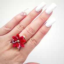 Load image into Gallery viewer, gold fork ring with red crepe flower, adjustable ring, wrap ring, fashion ring