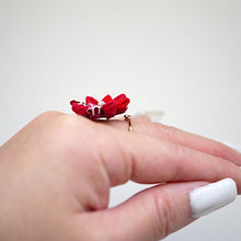 Load image into Gallery viewer, gold fork ring with red crepe flower, adjustable ring, wrap ring, fashion ring