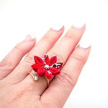 Load image into Gallery viewer, gold fork ring with red crepe flower, adjustable ring, wrap ring, fashion ring