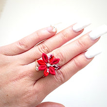 Load image into Gallery viewer, gold fork ring with red crepe flower, adjustable ring, wrap ring, fashion ring