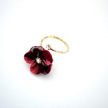 Load image into Gallery viewer, gold fork ring with dark-pink crepe flower, adjustable ring, wrap ring, fashion ring
