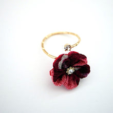 Load image into Gallery viewer, gold fork ring with dark-pink crepe flower, adjustable ring, wrap ring, fashion ring