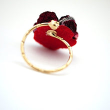 Load image into Gallery viewer, gold fork ring with dark-pink crepe flower, adjustable ring, wrap ring, fashion ring