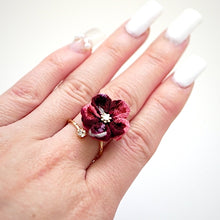 Load image into Gallery viewer, gold fork ring with dark-pink crepe flower, adjustable ring, wrap ring, fashion ring
