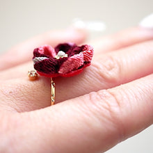 Load image into Gallery viewer, gold fork ring with dark-pink crepe flower, adjustable ring, wrap ring, fashion ring