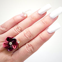 Load image into Gallery viewer, gold fork ring with dark-pink crepe flower, adjustable ring, wrap ring, fashion ring