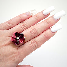 Load image into Gallery viewer, gold fork ring with dark-pink crepe flower, adjustable ring, wrap ring, fashion ring
