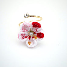 Load image into Gallery viewer, gold fork ring with white&amp;red crepe flower, adjustable ring, wrap ring, fashion ring