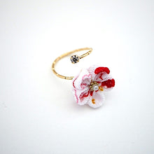 Load image into Gallery viewer, gold fork ring with white&amp;red crepe flower, adjustable ring, wrap ring, fashion ring