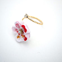 Load image into Gallery viewer, gold fork ring with white&amp;red crepe flower, adjustable ring, wrap ring, fashion ring