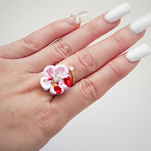 Load image into Gallery viewer, gold fork ring with white&amp;red crepe flower, adjustable ring, wrap ring, fashion ring
