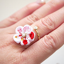 Load image into Gallery viewer, gold fork ring with white&amp;red crepe flower, adjustable ring, wrap ring, fashion ring